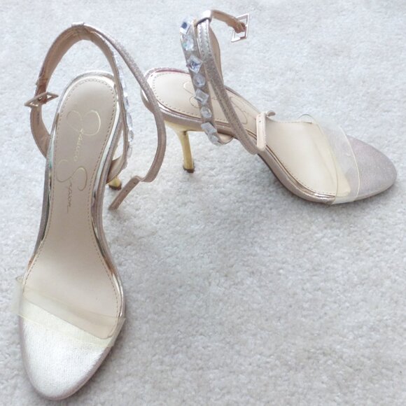 JESSICA SIMPSON shimmery gold single strap heels with crystal bead accets - Picture 6 of 11